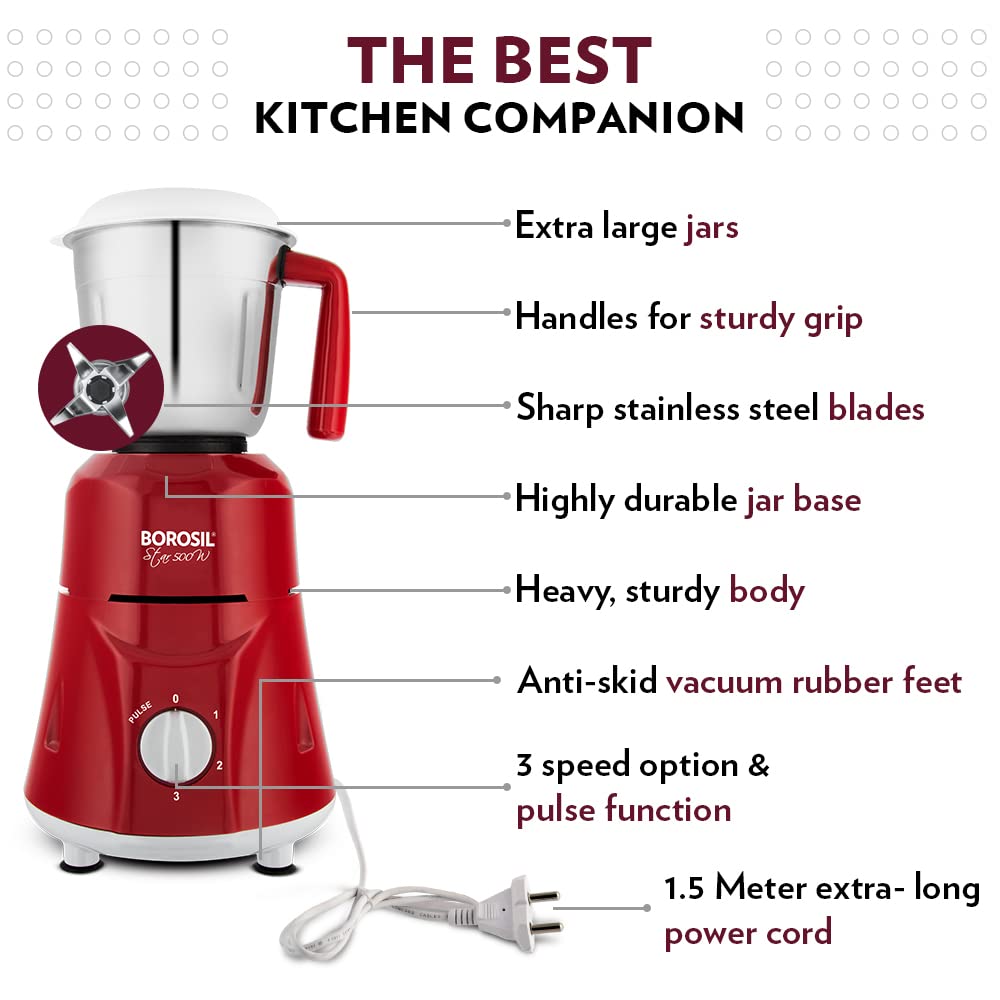 Borosil Star Mixer Grinder-Maroon 500W