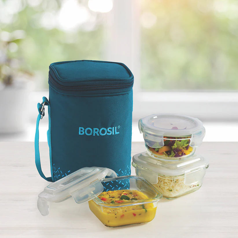 Borosil Teal Universal Glass Lunchbox Set of 3, 320ml x 2 + 240ml