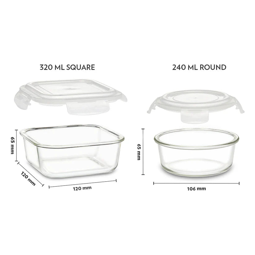 Borosil Teal Universal Glass Lunchbox Set of 3, 320ml x 2 + 240ml