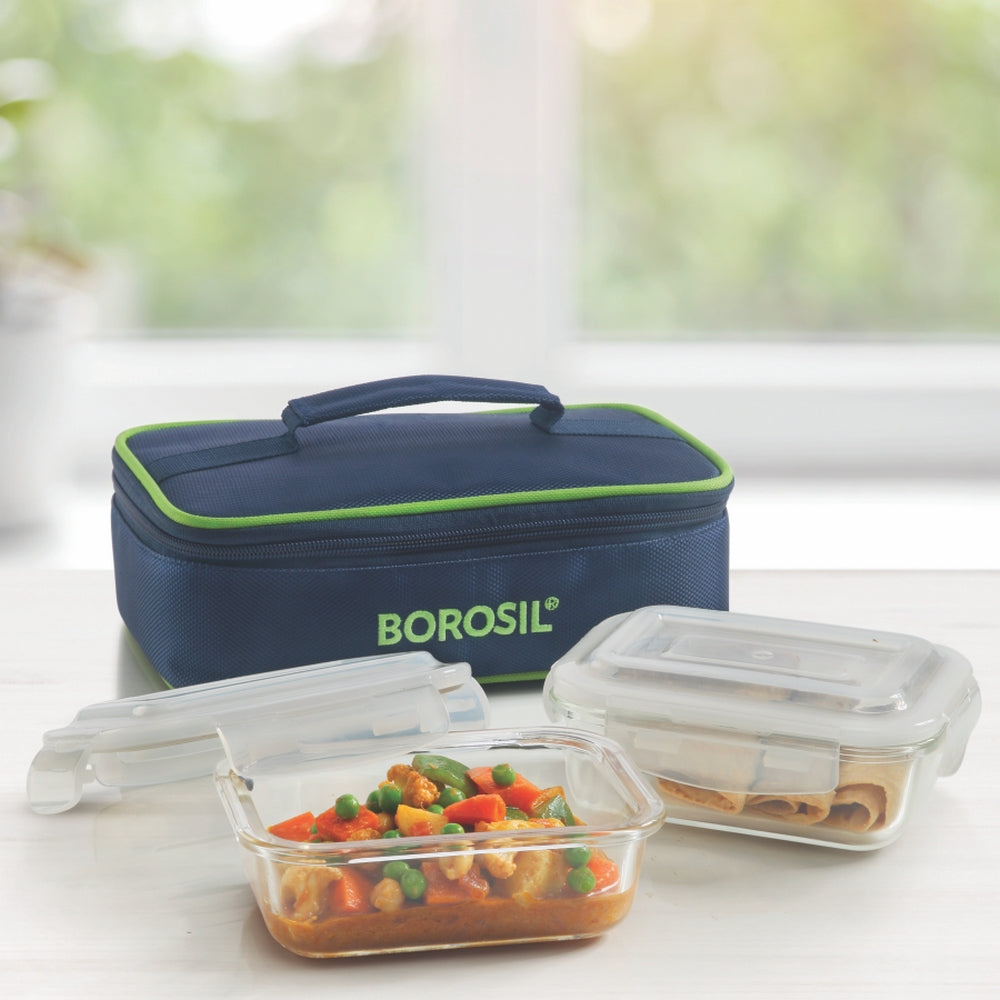 Borosil Rectangular Glass Lunchbox, Set of 2, 370ml Blue