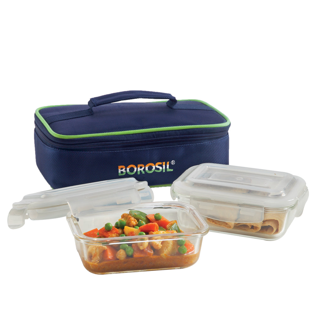 Borosil Pride Rectangular Glass Lunchbox, Set of 2, 370ml