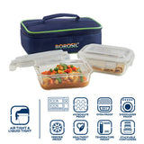 Borosil Pride Rectangular Glass Lunchbox, Set of 2, 370ml