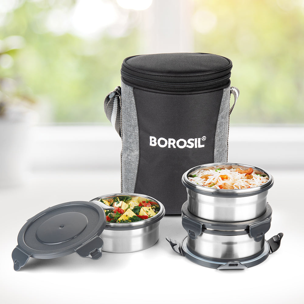 Borosil Feast Stainless Steel Round Lunch Box Set of 3, 400ml