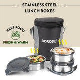 Borosil Feast Stainless Steel Round Lunch Box Set of 3, 400ml