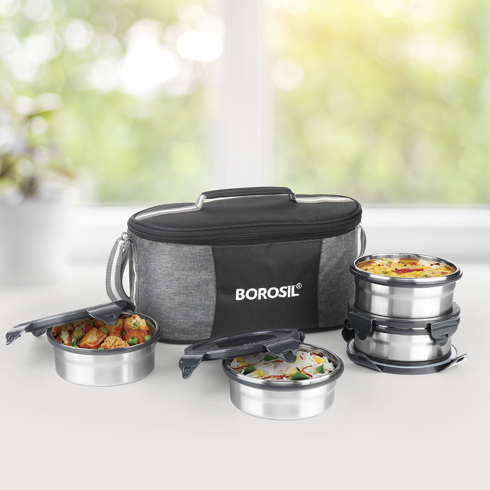 Borosil Feast Stainless Steel Round Lunch Box, Set of 4, 400ml x 2 + 250ml x 2