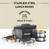 Borosil Feast Stainless Steel Round Lunch Box, Set of 4, 400ml x 2 + 250ml x 2