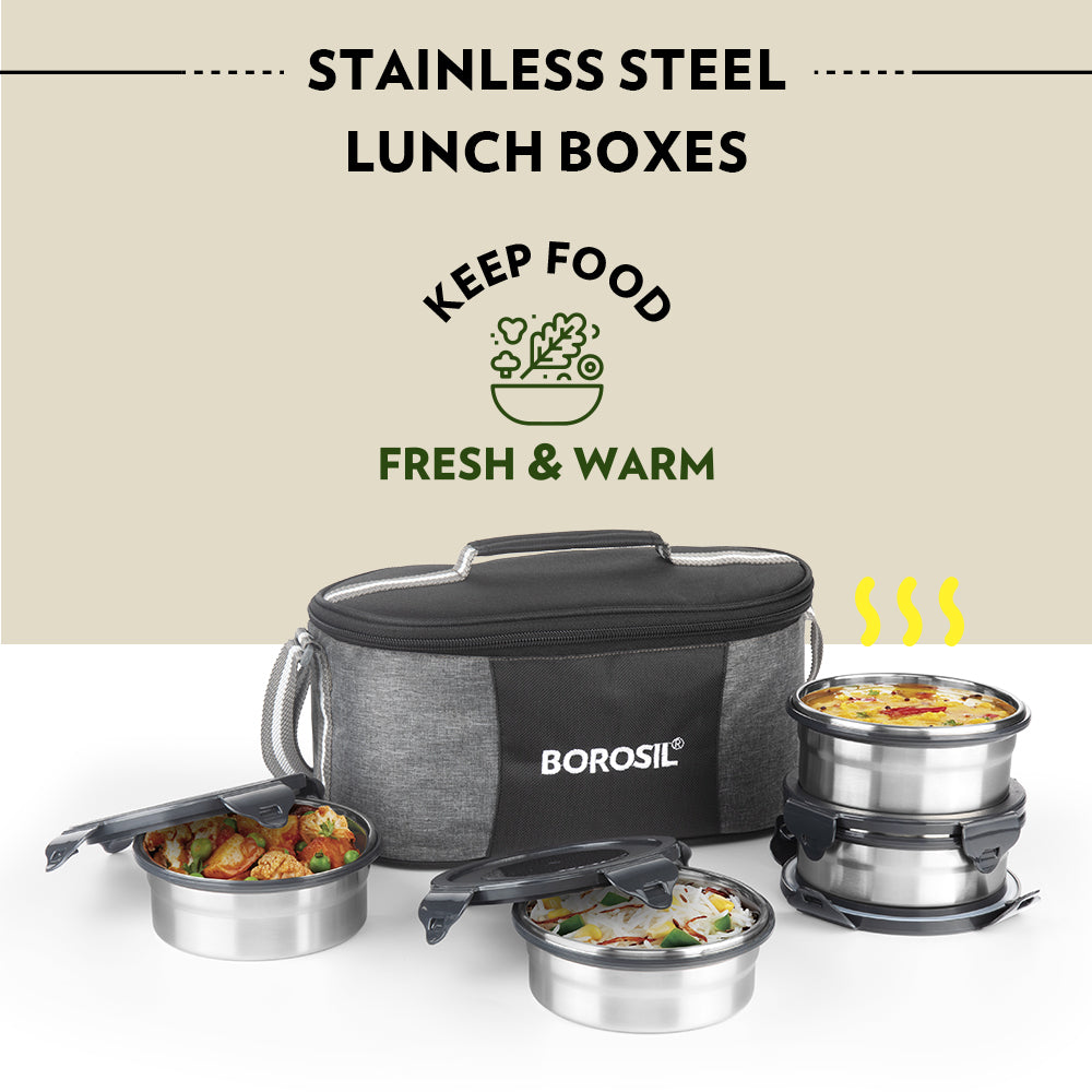 Borosil Feast Stainless Steel Round Lunch Box, Set of 4, 400ml x 2 + 250ml x 2
