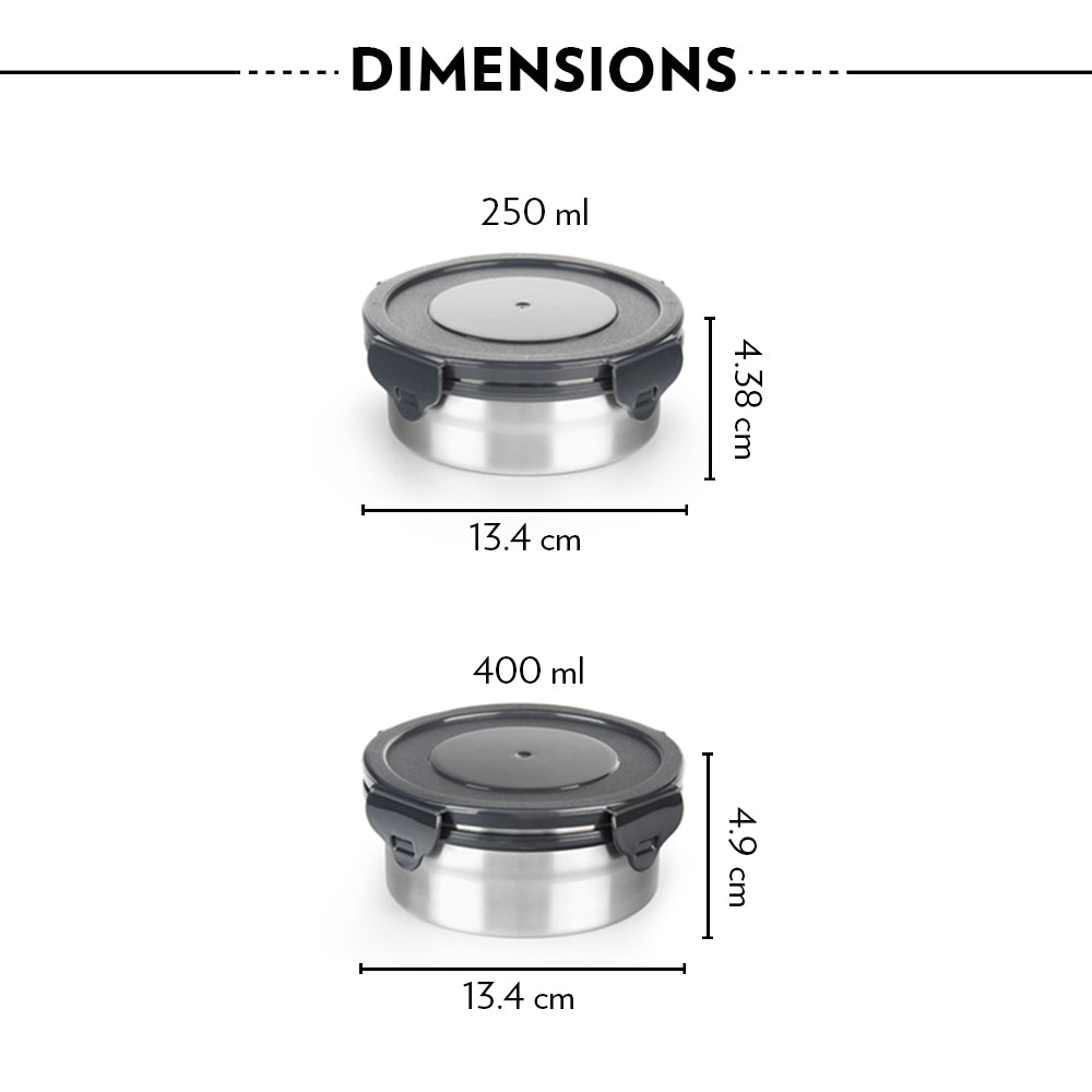 Borosil Feast Stainless Steel Round Lunch Box, Set of 4, 400ml x 2 + 250ml x 2