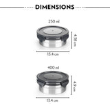 Borosil Feast Stainless Steel Round Lunch Box, Set of 4, 400ml x 2 + 250ml x 2
