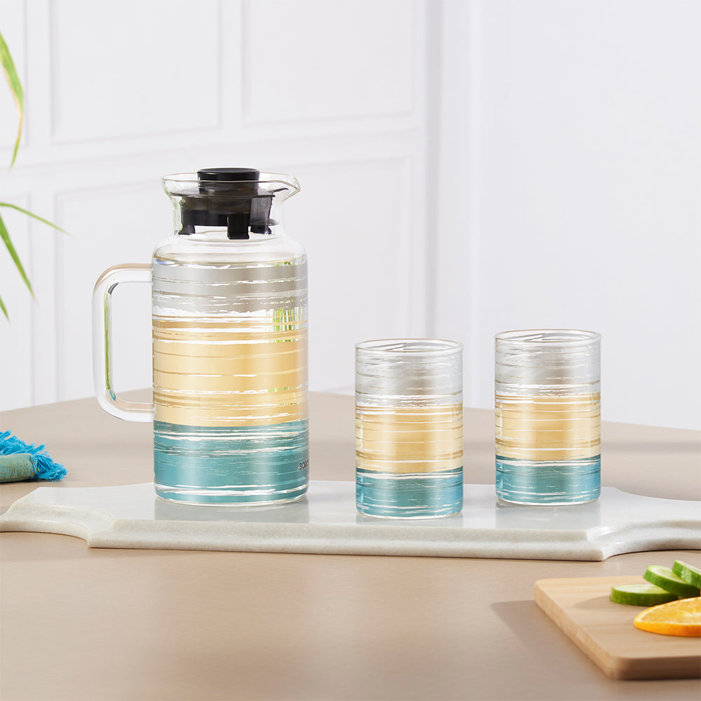 Borosil Glance Multipurpose Jug w Glasses Set of 3, 1L + 295ml x 2