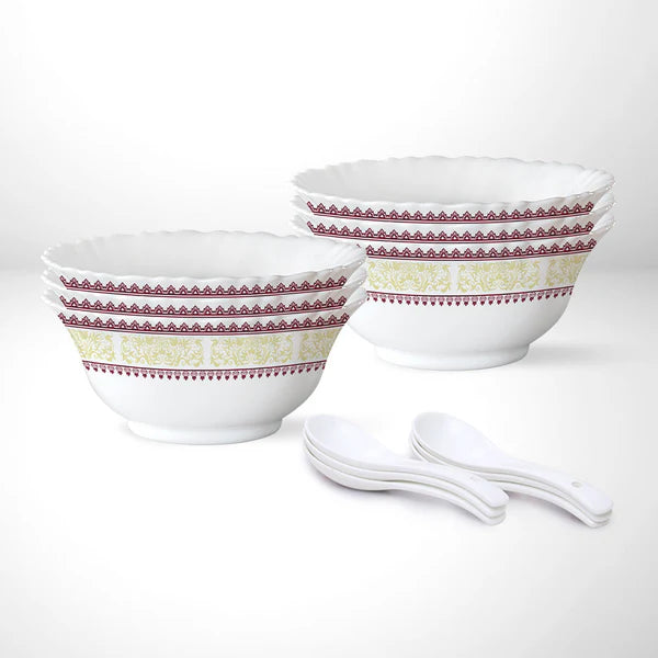 Borosil Larah Elega Soup Bowl w Spoon, 12 pc Set