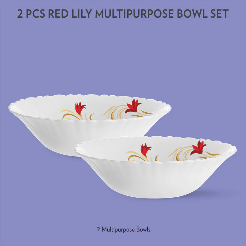 Borosil Larah Red Lily Multipurpose Bowl, 2 pc Set
