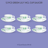 Borosil Larah Green Lily Cup n Saucer Set of 12, 140ml