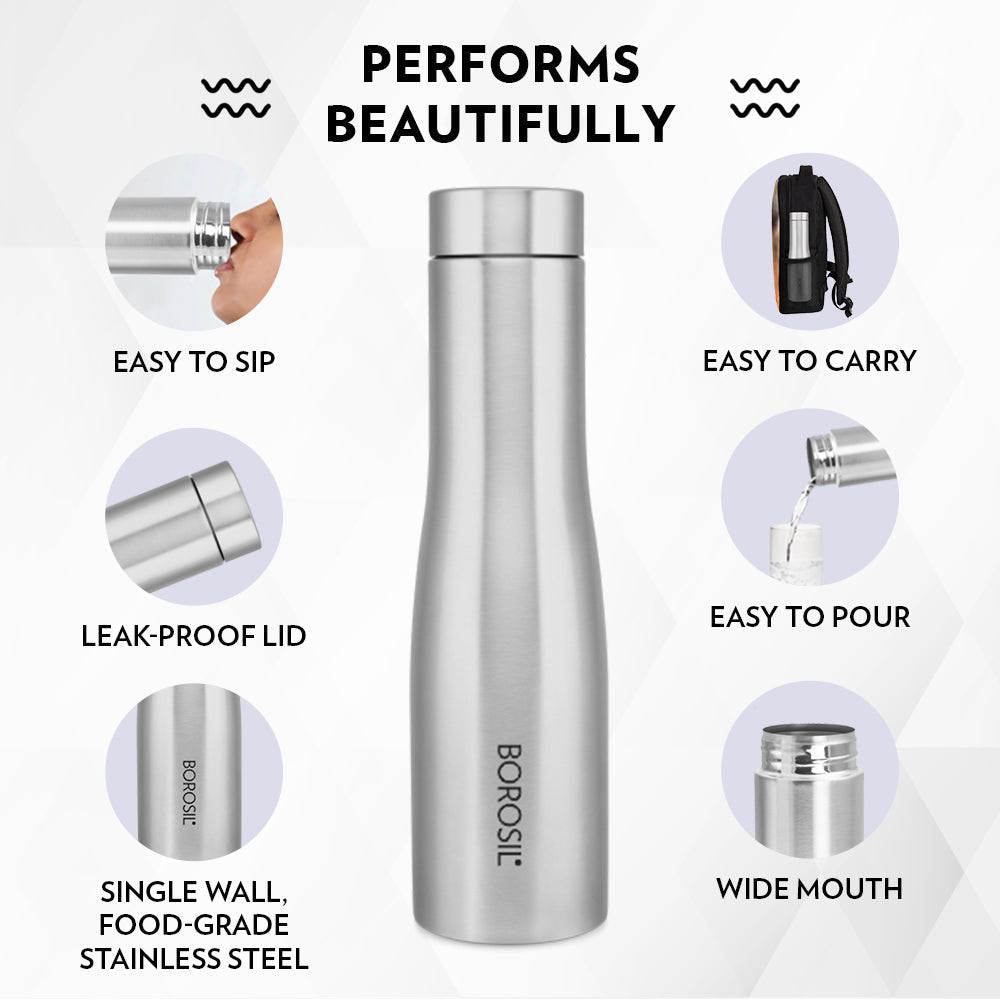 Borosil Swan SS Single Wall Bottle, Black 1L