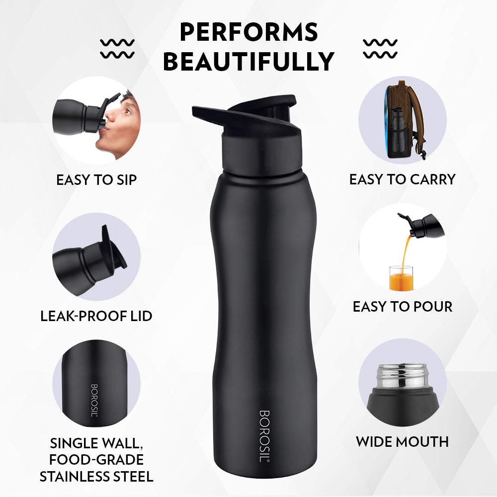Borosil Grip n Sip Single Wall Bottle, Black  750Ml