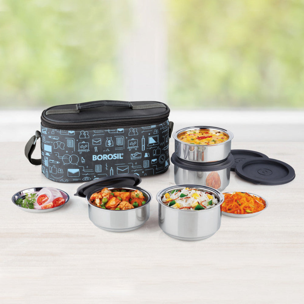 Borosil Carryfresh Round Stainless Steel Lunchbox Set of 4, 280ml x 2 + 180ml x 2