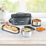 Borosil Carryfresh Round Stainless Steel Lunchbox, Silver, Set of 3, 475ml + 280ml x 2