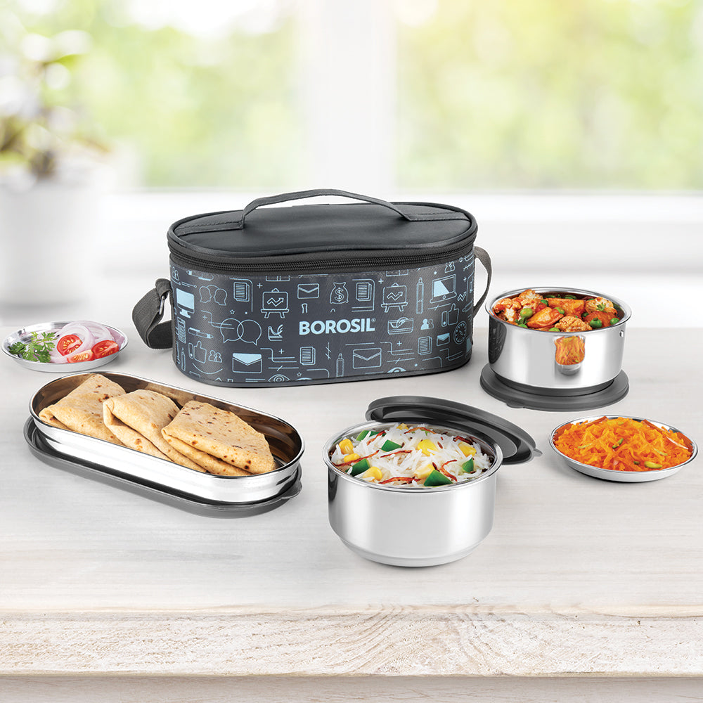 Borosil Carryfresh Round Stainless Steel Lunchbox, Silver, Set of 3, 475ml + 280ml x 2