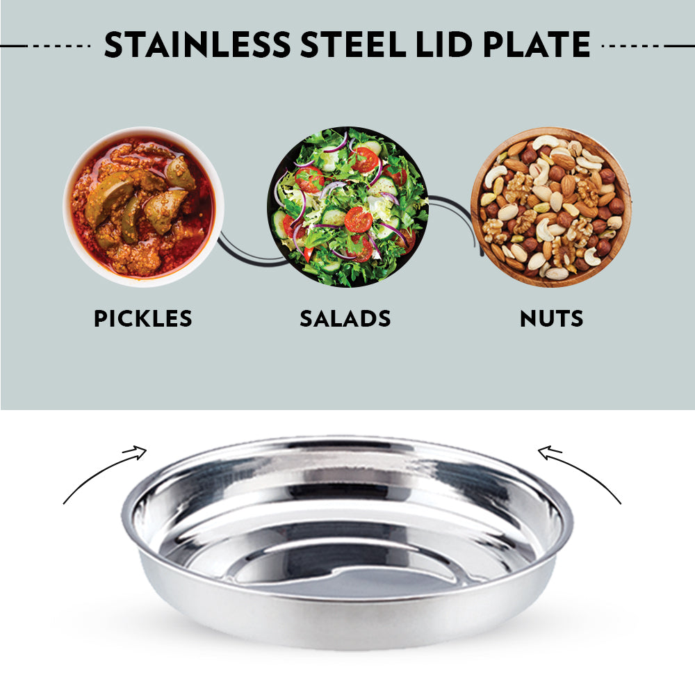 Borosil Carryfresh Round Stainless Steel Lunchbox, Silver, Set of 3, 475ml + 280ml x 2