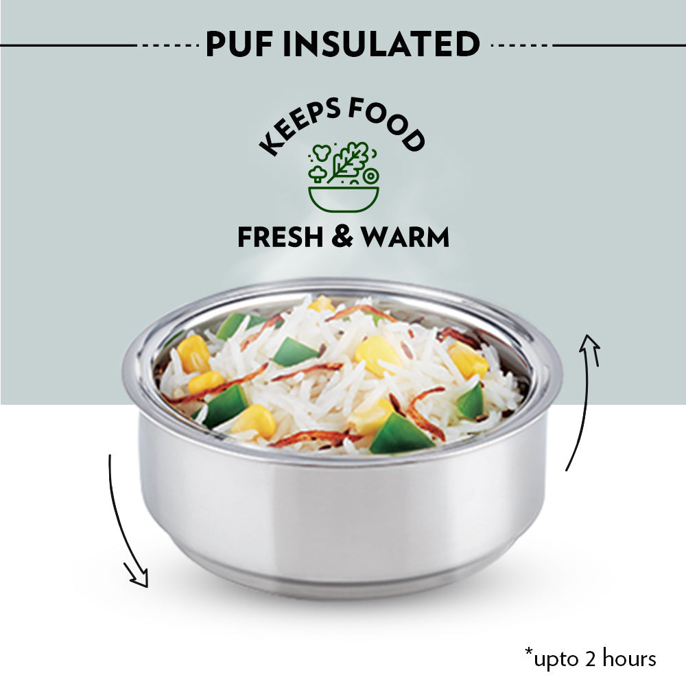 Borosil Carryfresh Round Stainless Steel Lunchbox, Silver, Set of 3, 475ml + 280ml x 2