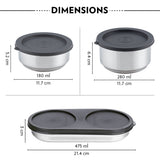 Borosil Carryfresh Round Stainless Steel Lunchbox, Silver, Set of 3, 475ml + 280ml x 2