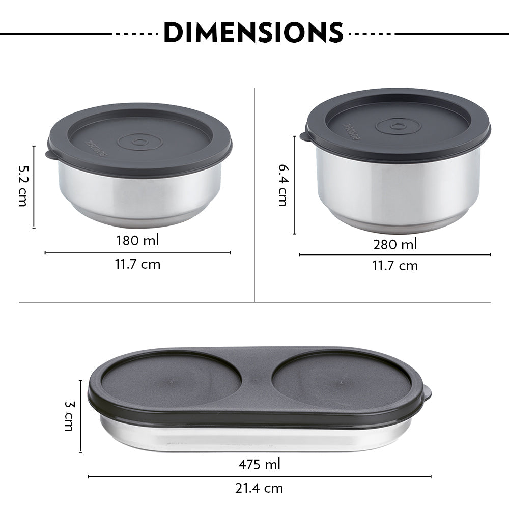Borosil Carryfresh Round Stainless Steel Lunchbox, Silver, Set of 3, 475ml + 280ml x 2