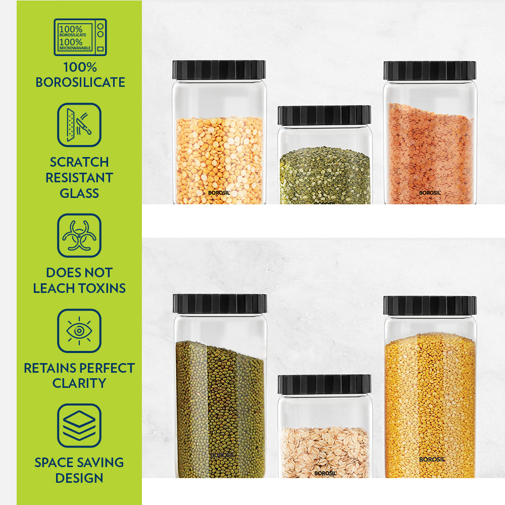 Borosil Endura Airtight Glass Jar with Black Lid