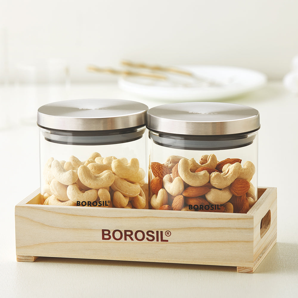 Borosil Classic Glass Jar Set with Wooden Tray Set of 2, 600ml