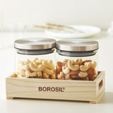 Borosil Classic Glass Jar Set with Wooden Tray Set of 2, 600ml