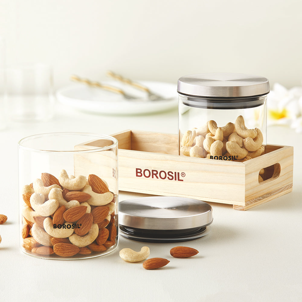 Borosil Classic Glass Jar Set with Wooden Tray Set of 2, 600ml
