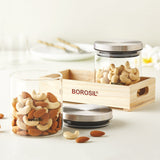 Borosil Classic Glass Jar Set with Wooden Tray Set of 2, 600ml