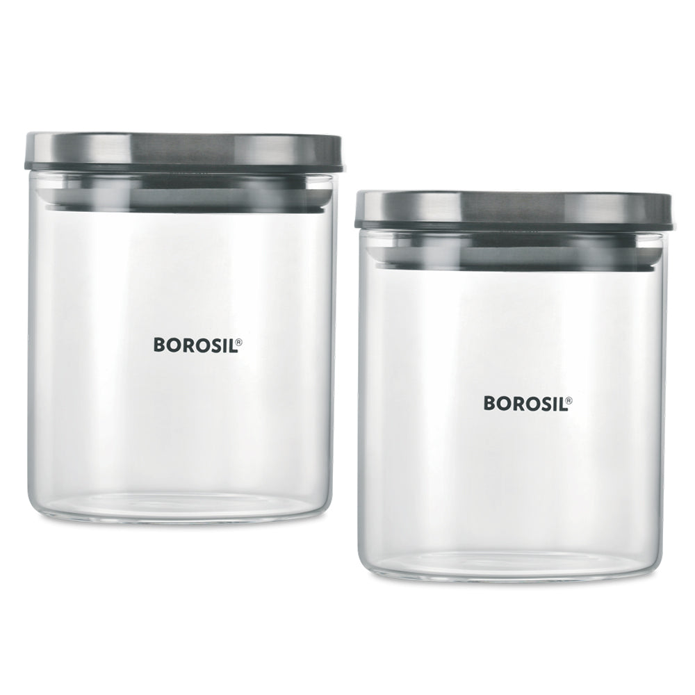 Borosil Classic Glass Jar Set with Wooden Tray Set of 2, 600ml