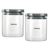 Borosil Classic Glass Jar Set with Wooden Tray Set of 2, 600ml