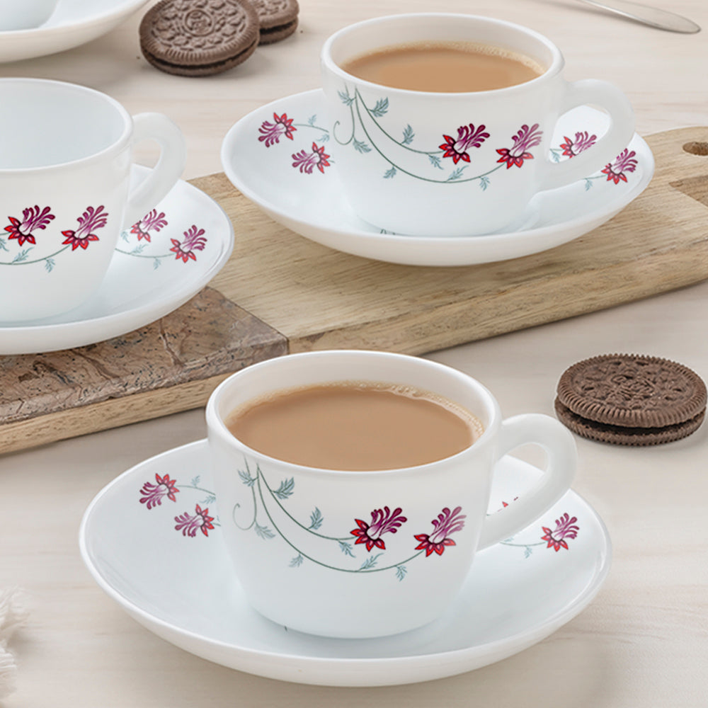 Borosil Larah Flower Pot Cup n Saucer Set of 12, 140ml