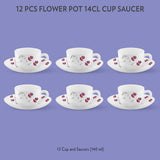 Borosil Larah Flower Pot Cup n Saucer Set of 12, 140ml