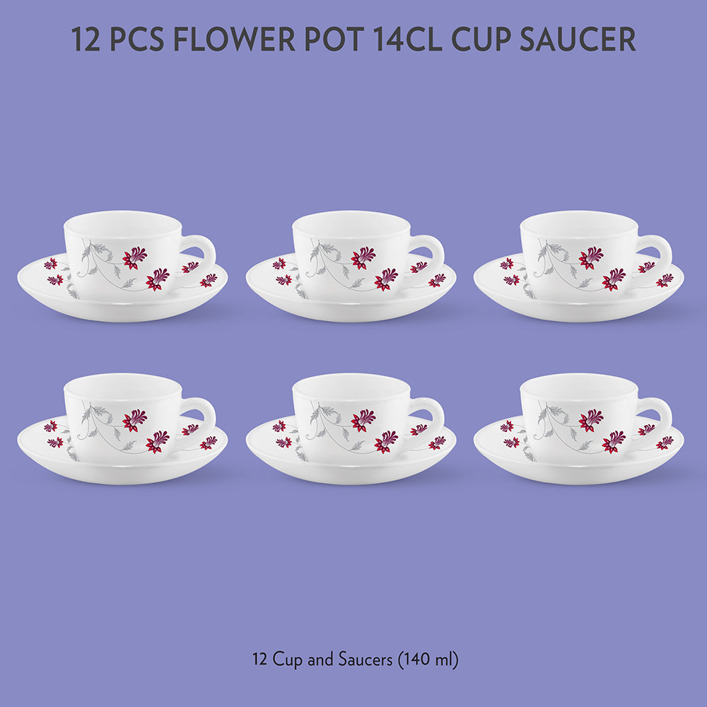 Borosil Larah Flower Pot Cup n Saucer Set of 12, 140ml