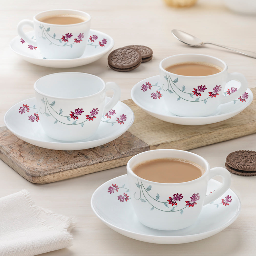 Borosil Larah Flower Pot Cup n Saucer Set of 12, 140ml