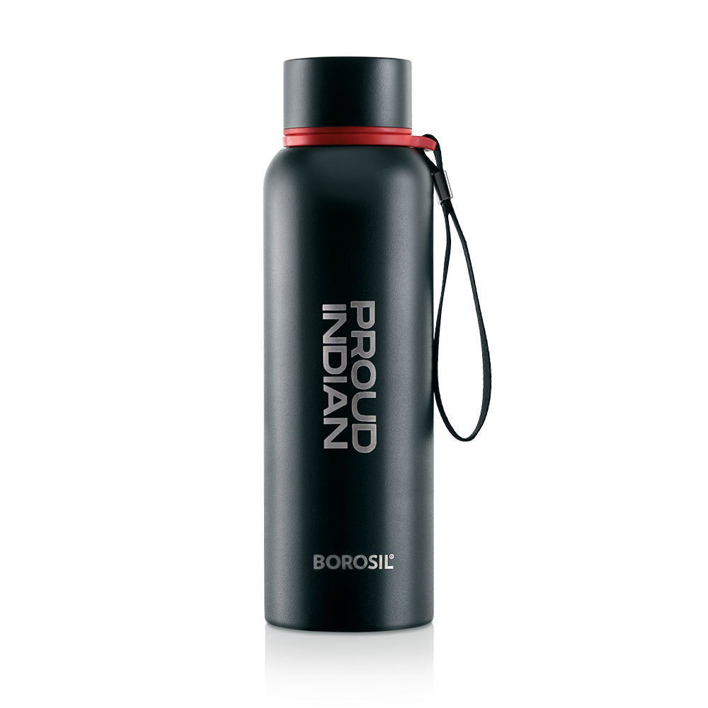 Borosil Trek Pride Proud Indian Double Wall Bottle, Black 700ML