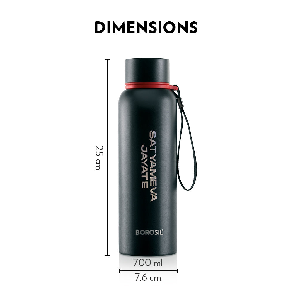 Borosil Trek Pride Satyameva Jayate Double Wall Bottle, Black 700ML