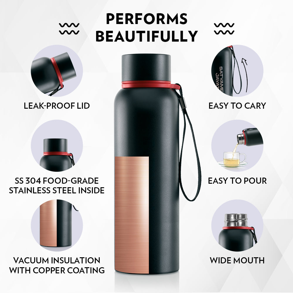 Borosil Trek Pride Satyameva Jayate Double Wall Bottle, Black 700ML